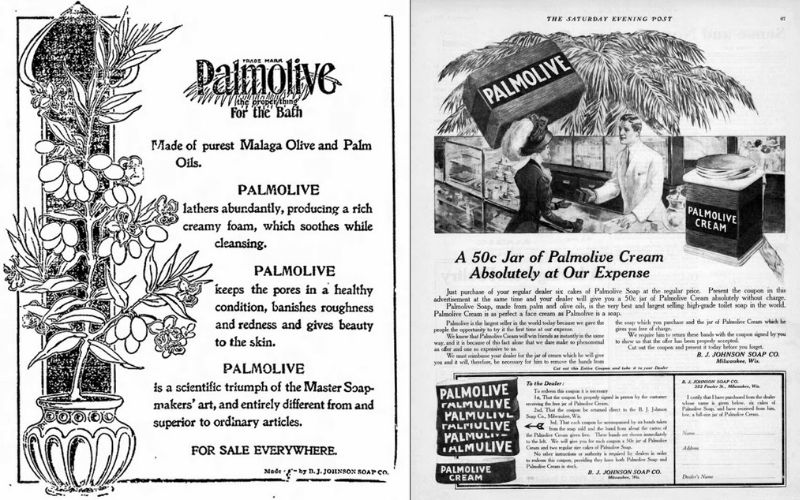 Lord & Thomas quảng cáo cho Palmolive vào năm 1899 (trái) và năm 1909